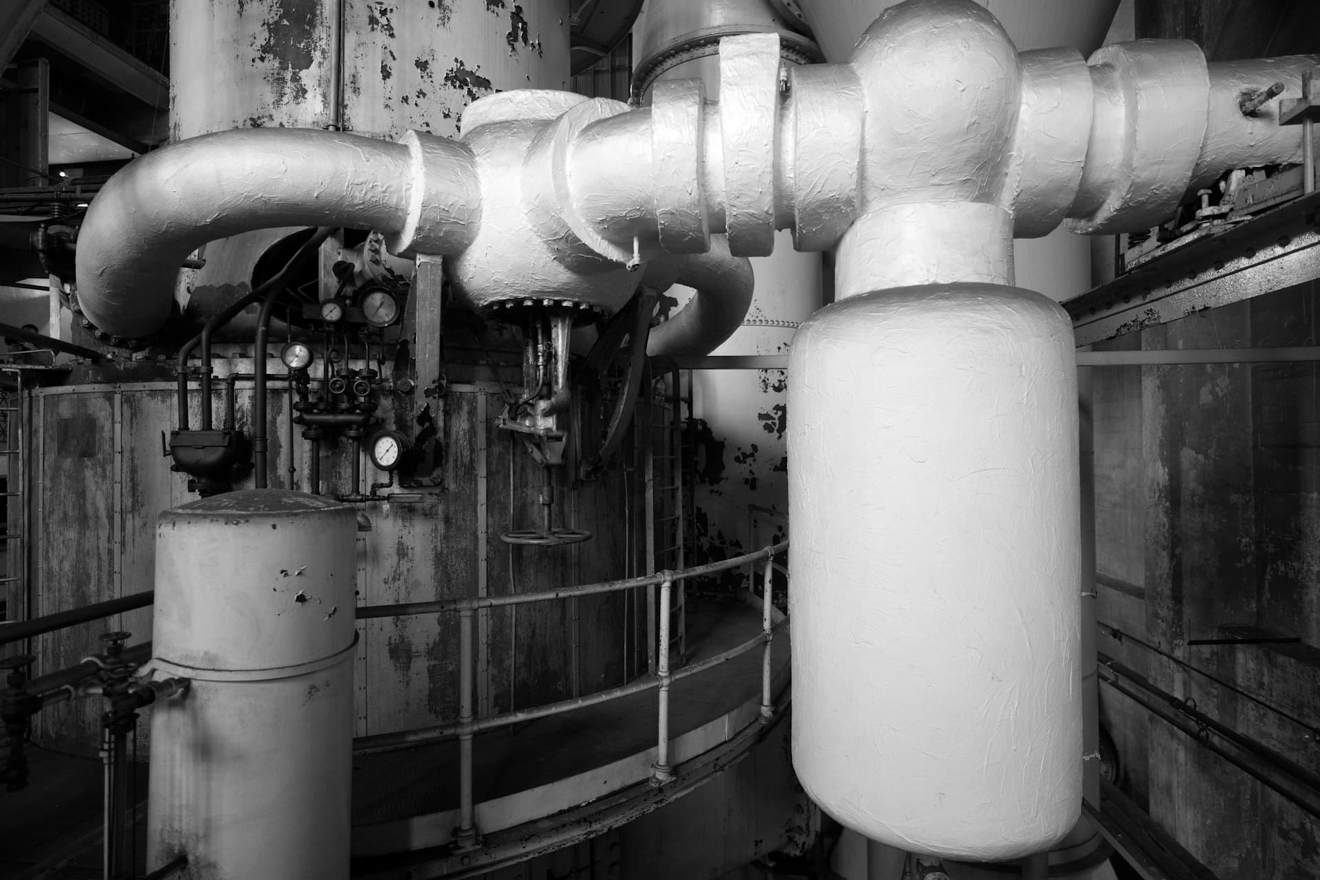 Aging industrial pipework and machinery where biofilm establishes itself in low-flow water circuits