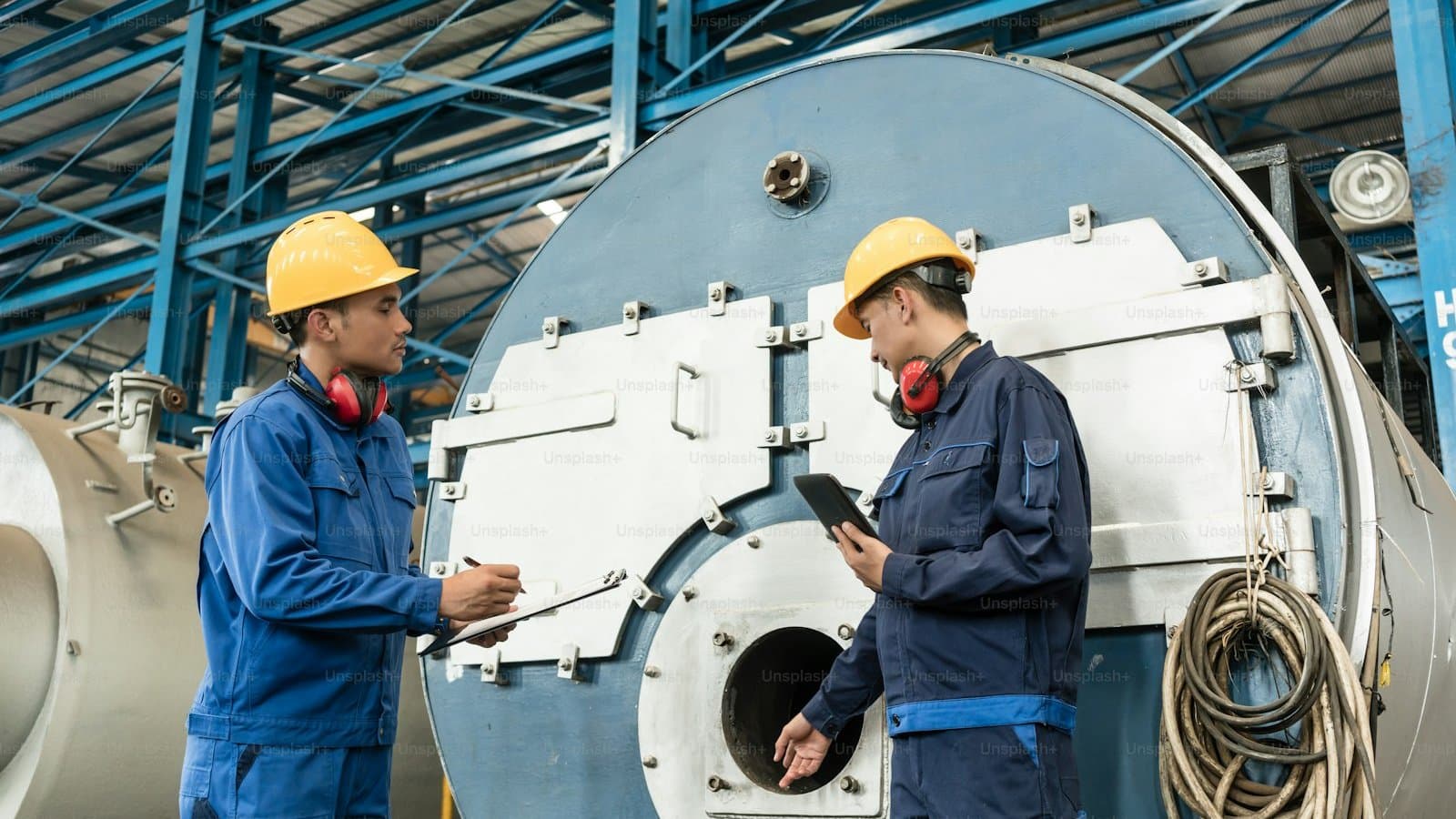 Industrial boiler and steam equipment with high-pressure piping, representing the steam cycle infrastructure protected by condensate polishing systems
