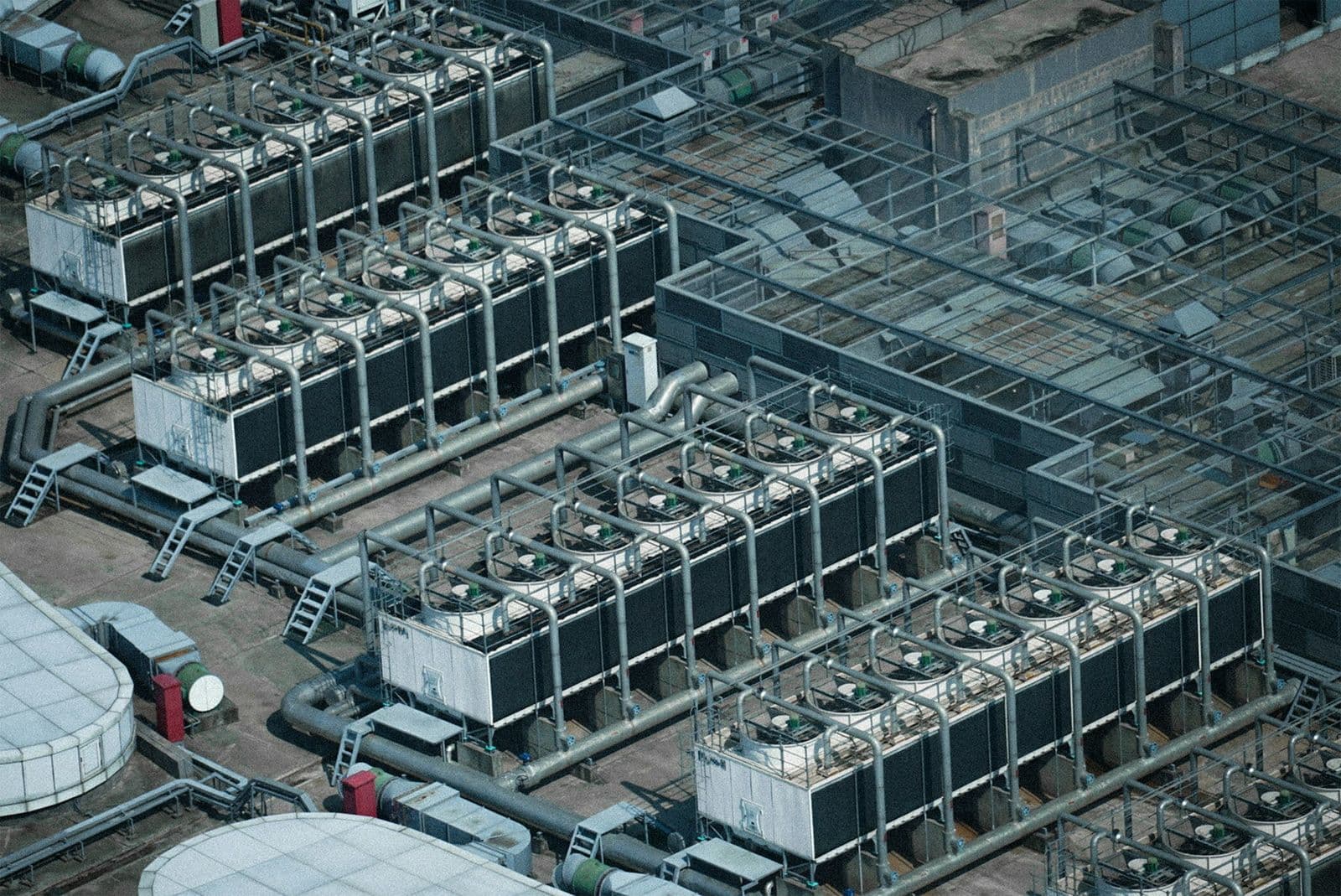 Aerial view over the equipment trains of a large desalination facility