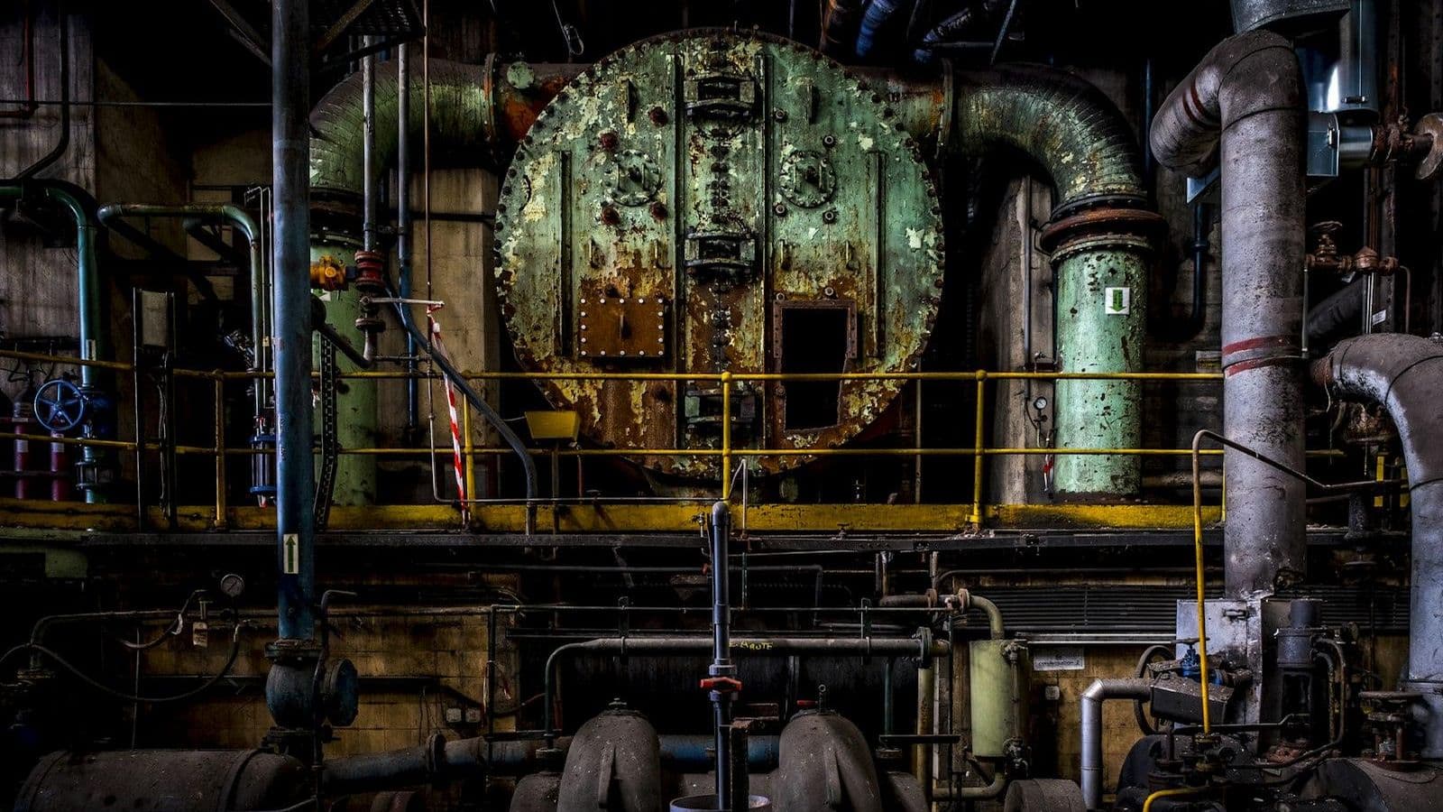 Close-up view of an industrial factory showing boiler and steam plant infrastructure