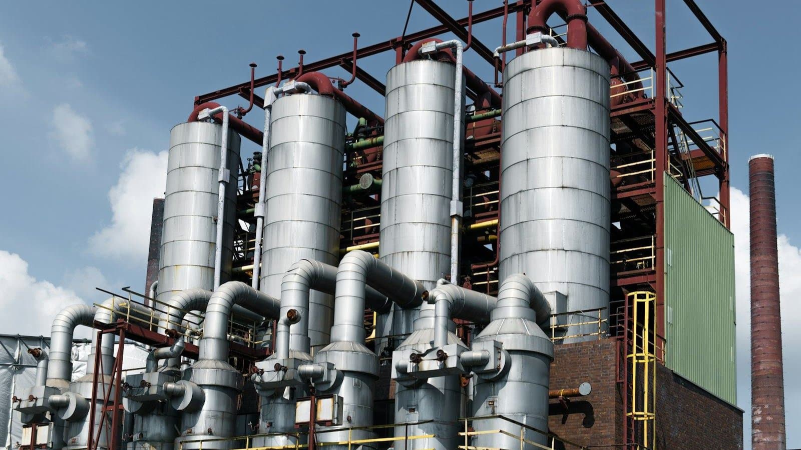 Industrial plant with towers and pipes showing the multi-stage process infrastructure used in wastewater treatment from intake to compliant discharge