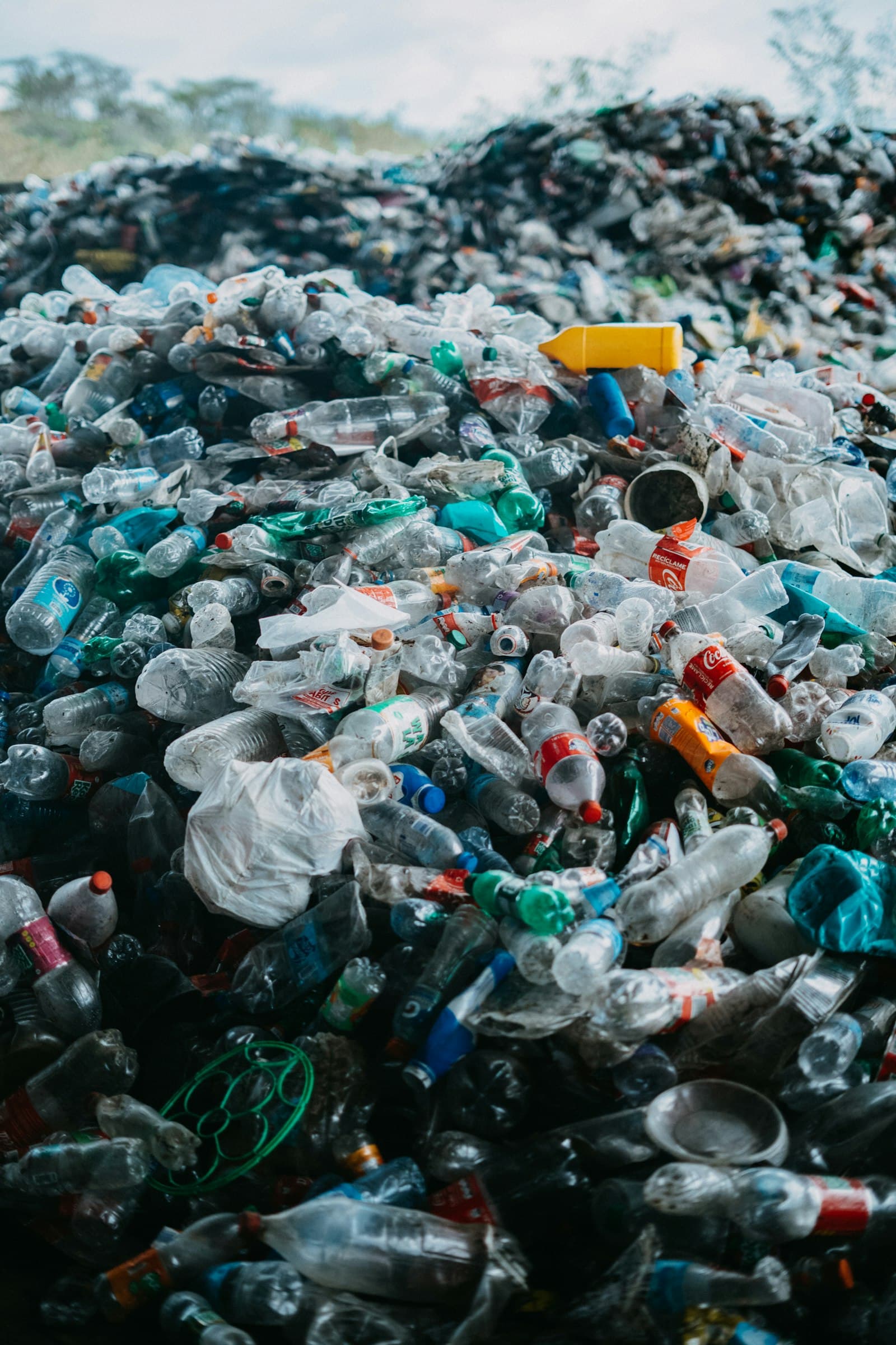 A large pile of discarded plastic bottles and packaging at a landfill, the waste that generates leachate
