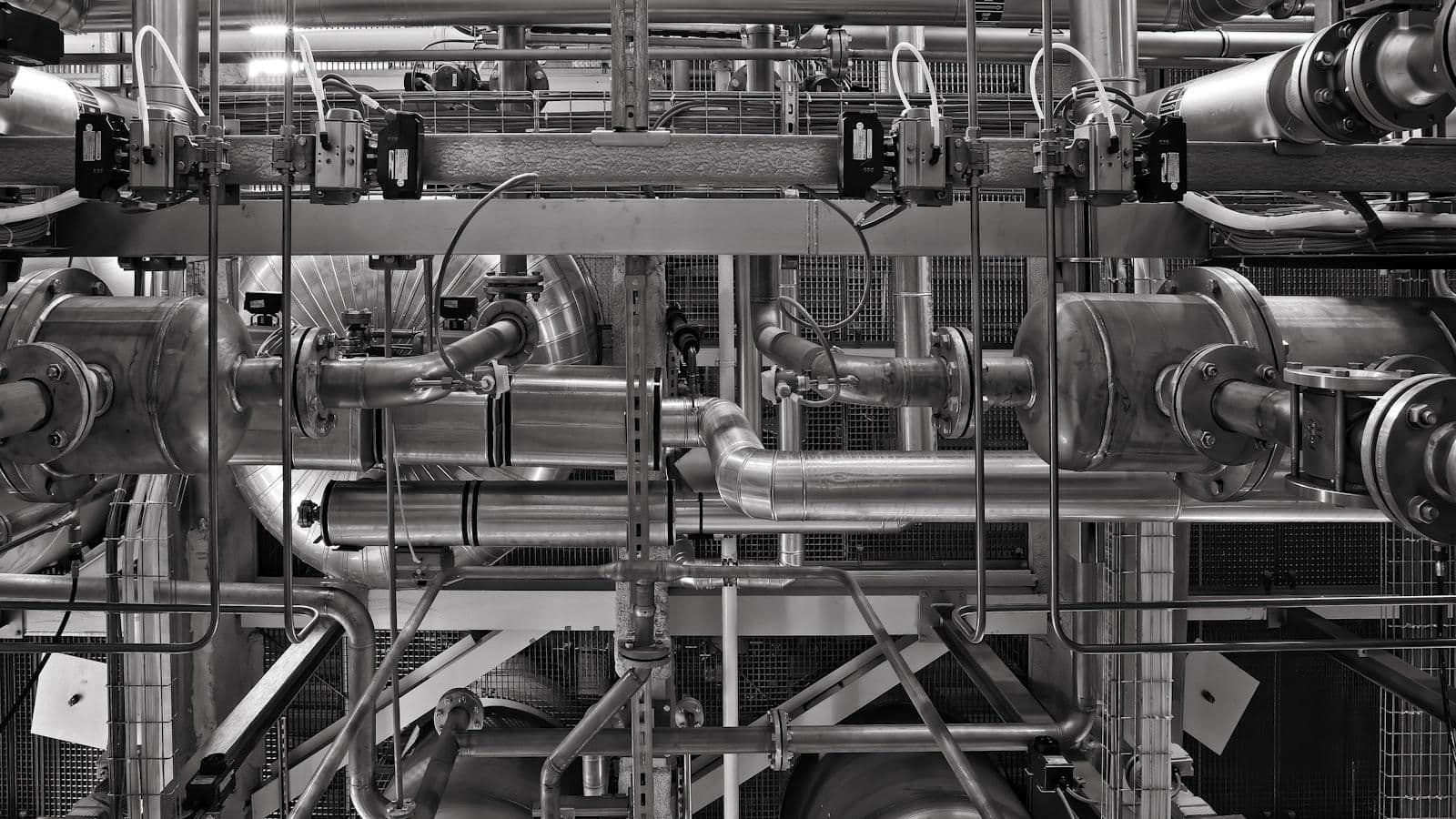 Stainless steel and red industrial processing machine in a manufacturing facility, the type of precision equipment used in membrane separation systems