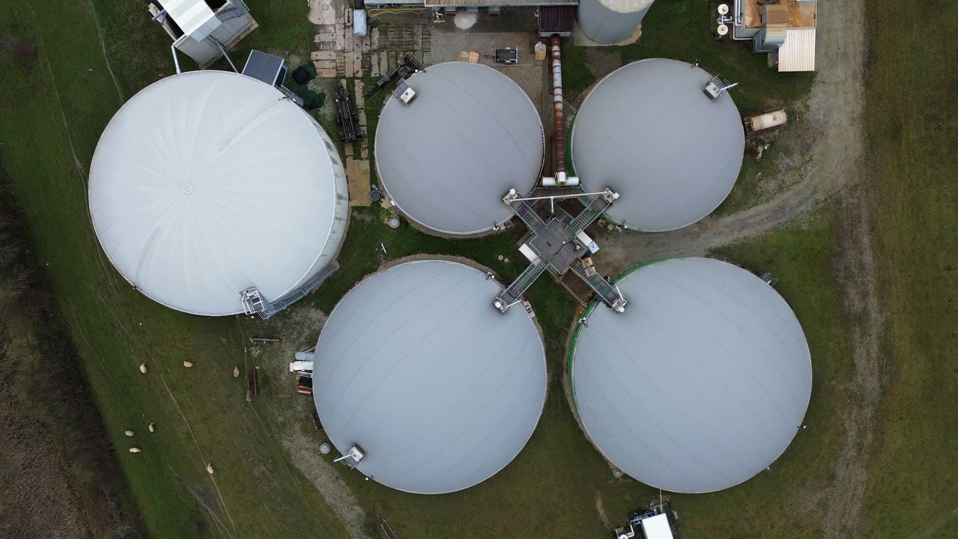 Aerial view of white biogas digester domes converting sludge to energy
