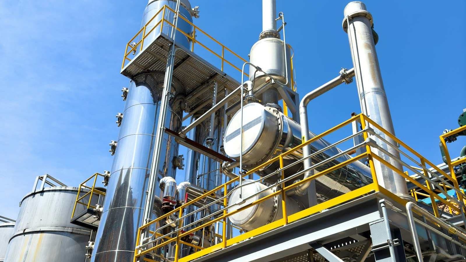 Industrial factory with pipes and storage tanks, the process infrastructure that buyers source through water treatment marketplaces