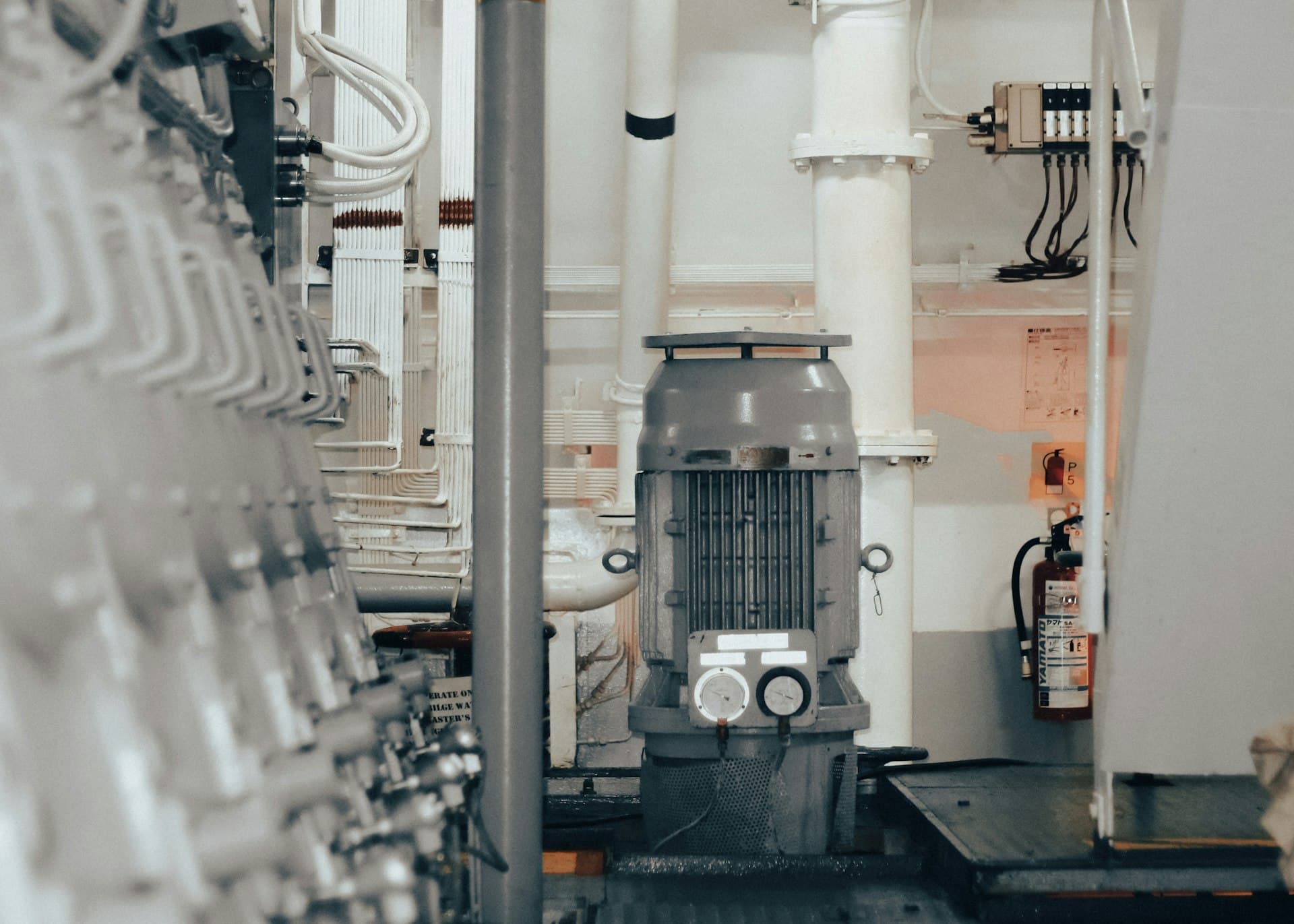 Row of industrial dosing and processing machinery for treatment chemicals