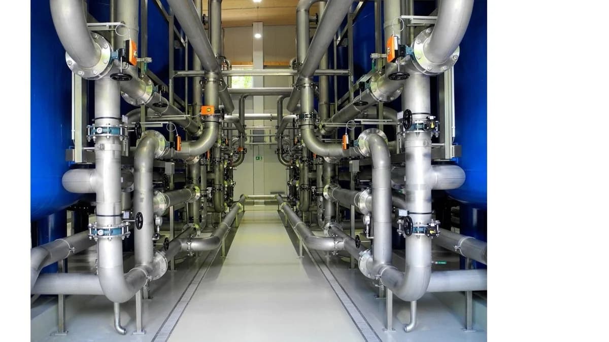 Interior of a water treatment plant with stainless steel piping, valves, and blue process tanks