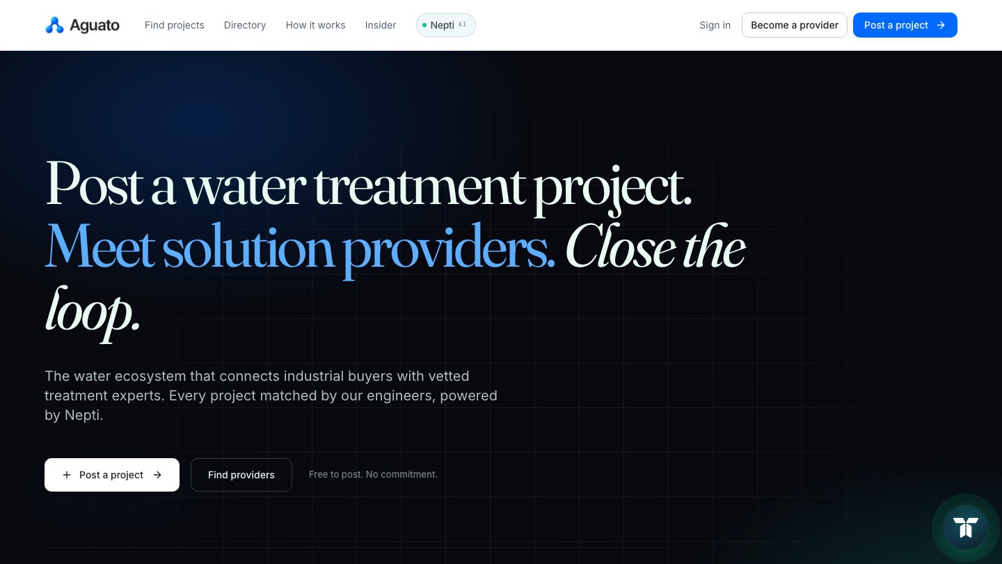 Aguato homepage, industrial water treatment marketplace connecting buyers with 1,000+ verified water treatment providers powered by Nepti AI