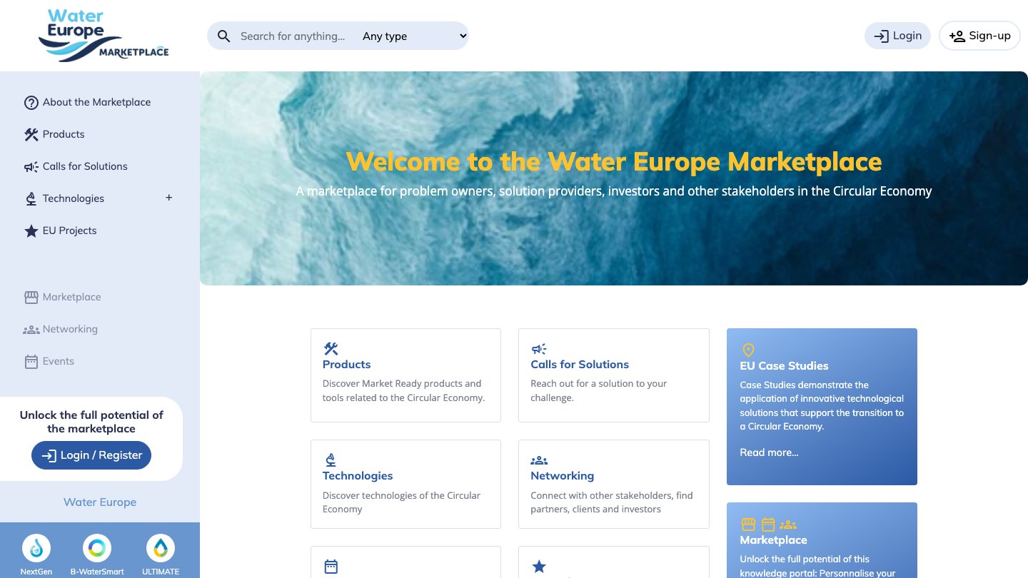 Water Europe Marketplace homepage, EU Horizon-funded circular economy innovation hub for water technology developers, utilities, and investors