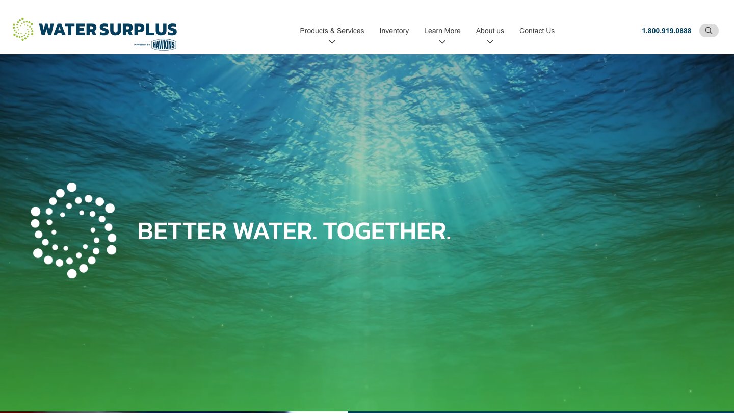 WaterSurplus homepage, secondary market platform for buying and selling surplus industrial water treatment equipment